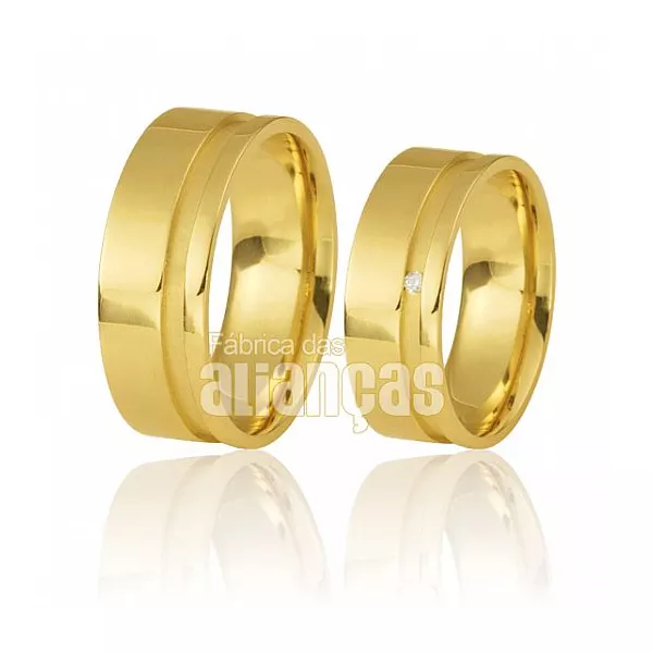 Alianças de Casamento com Friso Escovado em Ouro Amarelo - FA-490 - Fábrica das Alianças