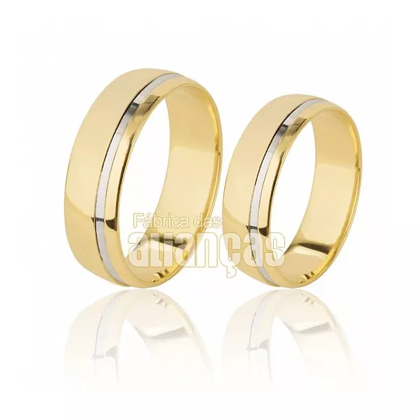 Alianças em Ouro 18k 0,750 com friso em ouro branco polido levemente anatômico - FA-505 - Fábrica das Alianças