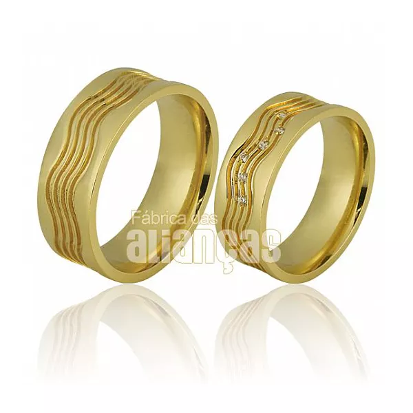 Aliança de Ouro com Ondas e Diamantes - FA-676 - Fábrica das Alianças
