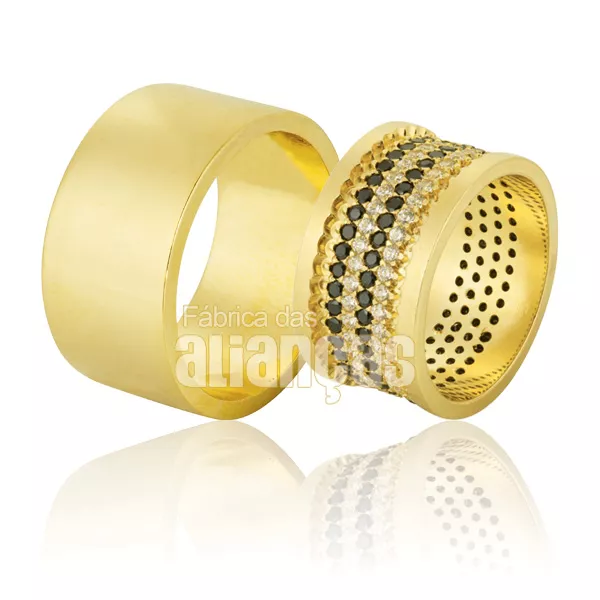 Alianças De Noivado e Casamento Em Ouro Amarelo 18k - FA-781-BLACK AND WHITE - Fábrica das Alianças