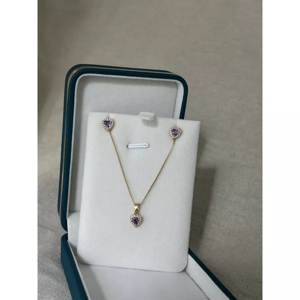 Conjunto Coração Ametista Banhado a Ouro 
