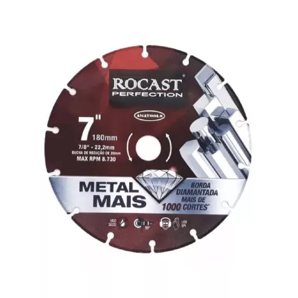 DISCO DE CORTE DIAMANTADO 180MM X F.22MM - ROCAST | ARARENSEFERRAMENTAS