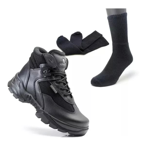Bota Coturno Em Couro Militar Armata V-Max - Preto Liso + Meia Preta