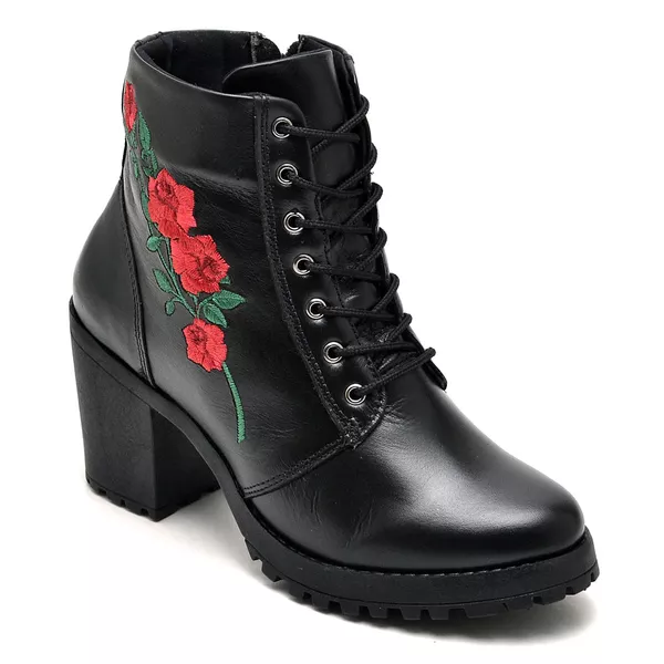 Bota Feminina Aurora em Couro Legítimo Preto com Flor