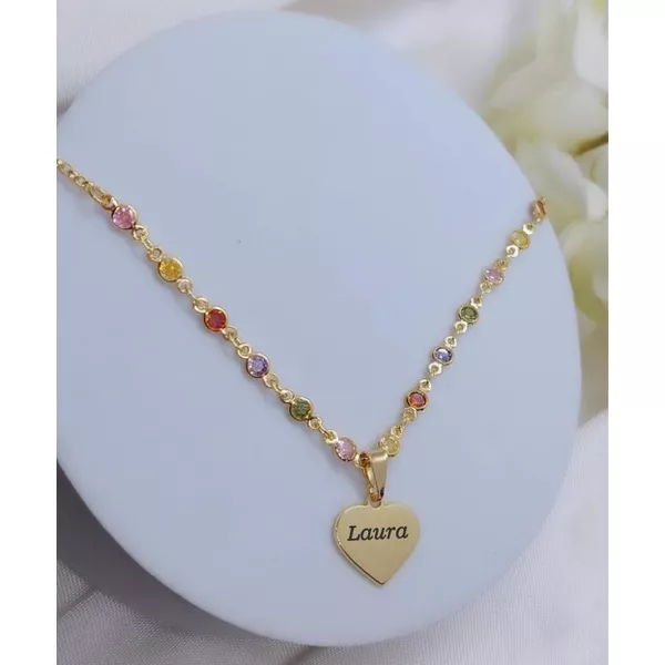 Colar Infantil Personalizado Com Pedras Coloridas Banhado a Ouro