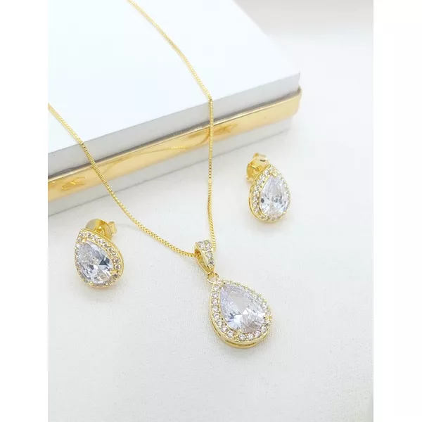 Conjunto Gota Zircônias Banhado a Ouro 