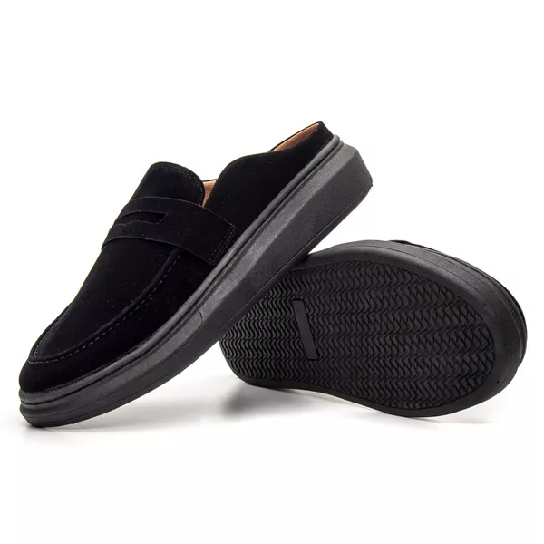 Mule Masculino Couro Camurça Calce Fácil Confort - Preto/Preto