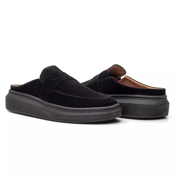 Mule Masculino Couro Camurça Calce Fácil Confort - Preto/Preto