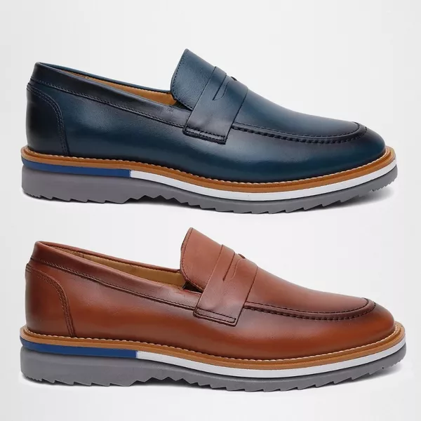 マイファス Kit 2 Mocassim Masculino Oxford Couro Soft - Avelã + Azul | Atria