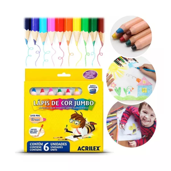 Lápis De Cor Jumbo 6 Cores Acrilex + Apontador