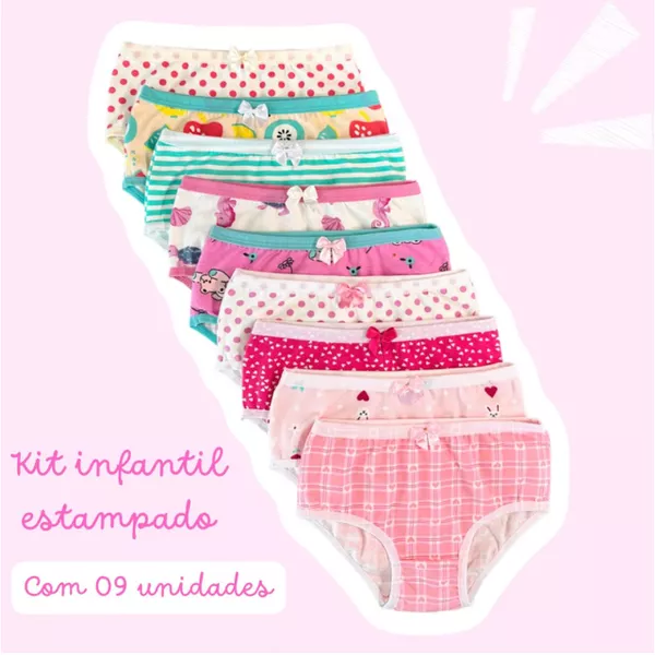 KIT CALCINHA INFANTIL ESTAMPADO - COM 09 UNIDADES