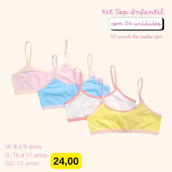 KIT TOP INFANTIL COM 4 UNIDADES CORES SORTIDAS (1 DE CADA COR)