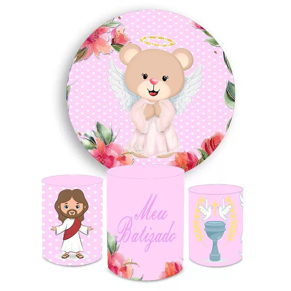 Kit Capa Painel + Trio Cilindros Meu Batizado Rosa