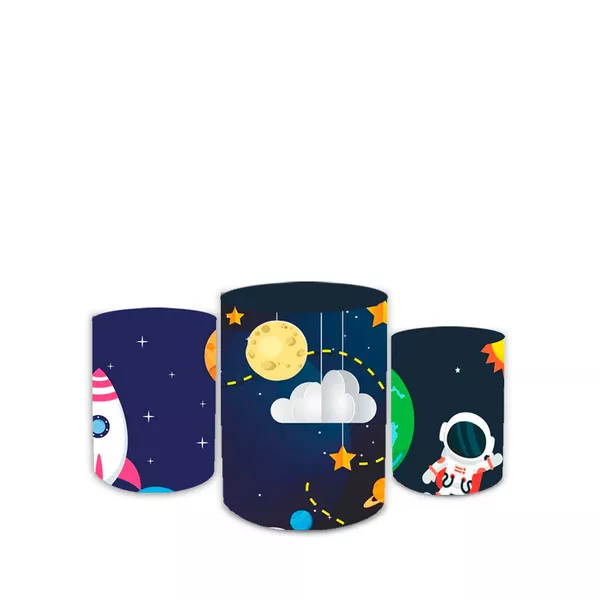 Trio Capas de Cilindros Sublimados Decorativo Tema Astronauta Colorido Decoração Infantil Menino