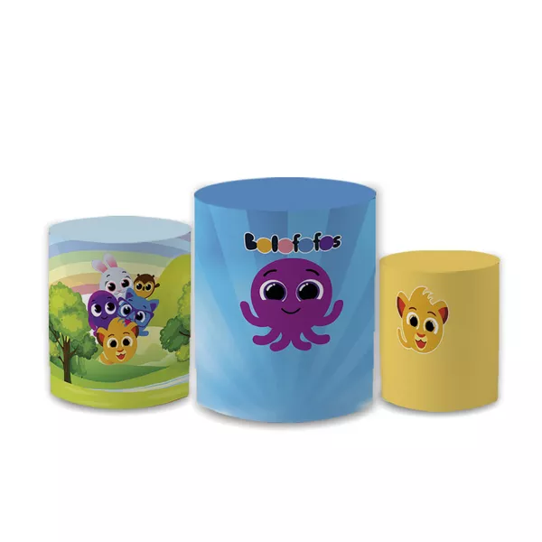 Trio Capas de Cilindros Sublimados Decorativo Tema Infantil Bolofofos Decoração Festa Menino Menina Colorido