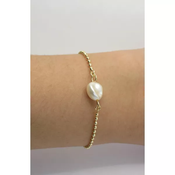 Pulseira Bolinhas e Pérola Barroca 17+5c... - BRIDA FOLHEADOS