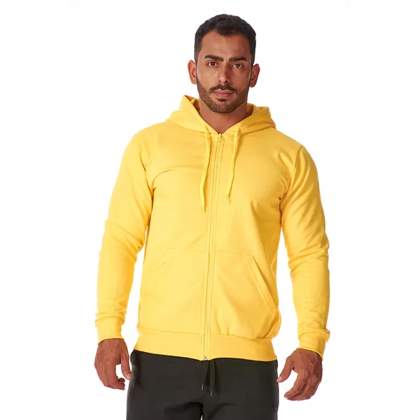 Moletom Masculino Amarelo com Zíper e Bolso Canguru 
