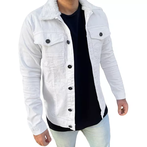 Jaqueta Jeans Slim Branca Com Pelinho Pelo Na Gola Masculina