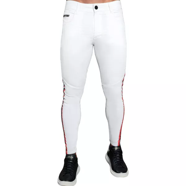 Calça Branca Super Skinny Streetwear Faixa Lateral Masculina