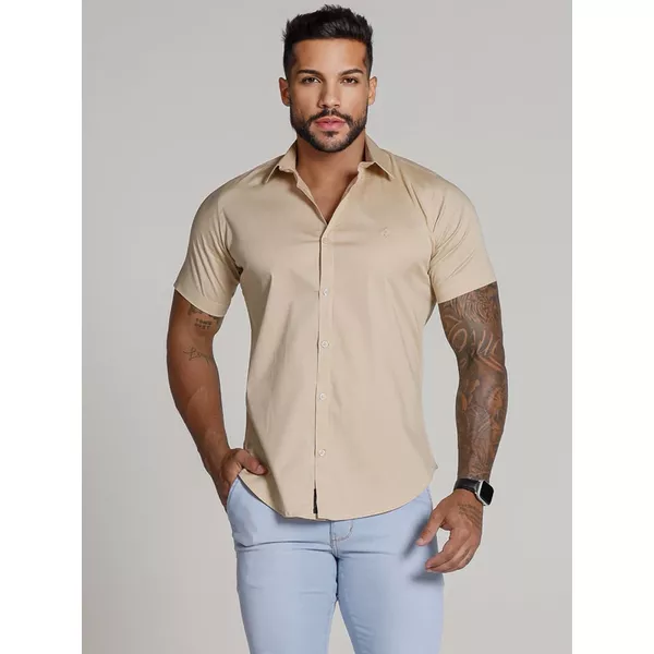 Camisa Social Manga Curta Codi Jeans Toque Acetinado - Bege