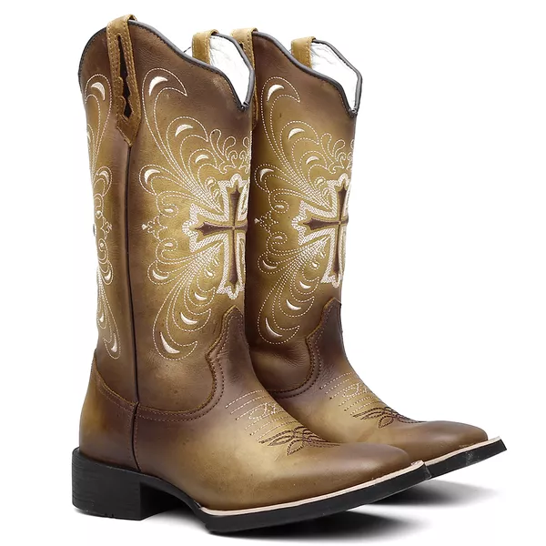 Bota Texana Feminina Bordado A905 Fóssil/Mostarda
