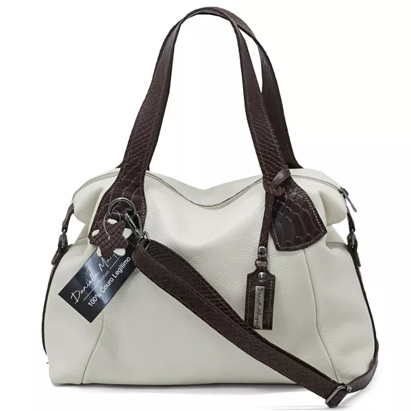 Bolsa media couro legitimo off white com alça marrom ref:DM-02