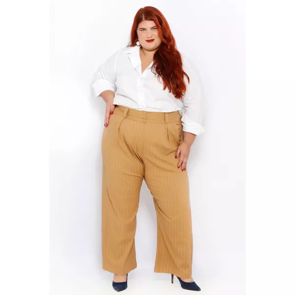 Calça Botões Linho com Elastano Caramelo Risca Giz - Plus Size