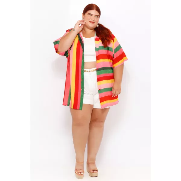 Camisa Manga Curta Listras Color - Plus Size