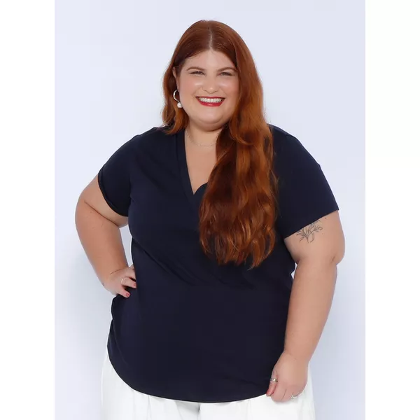 Blusa Algodão PIMA Gola V Azul Marinho - Plus Size