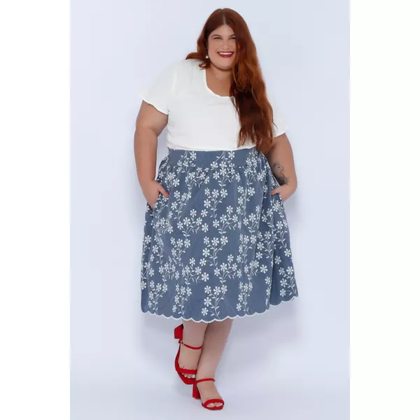 Saia Bordada Azul - Plus Size