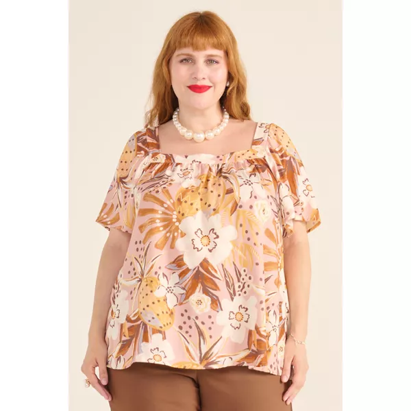 Blusa Bata Viscose Estampa Tropical Rosé - Plus Size