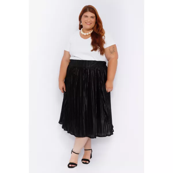 Saia Plissada Cetim Preto Brilho - Plus Size