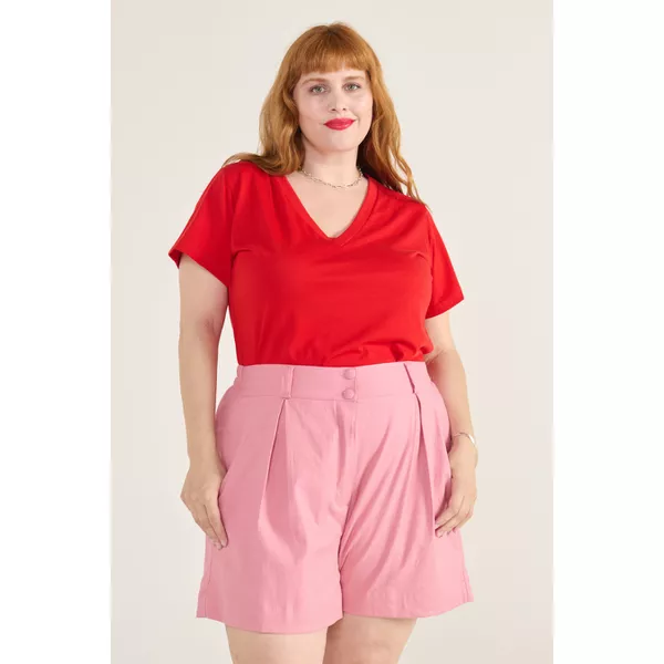 Short Botões Linho com Elastano Rosa - Plus Size