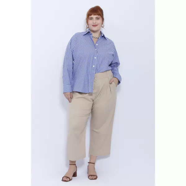 Calça Botões 2.0 Linho com Elastano Bege - Plus Size