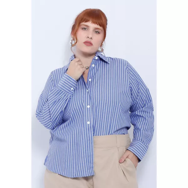 Camisa Social Algodão Azul Listra - Plus Size