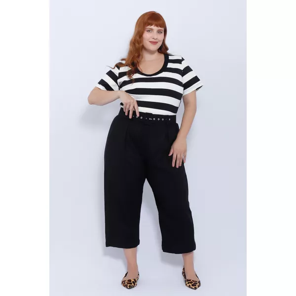 Calça Botões 2.0 Linho com Elastano Preta - Plus Size