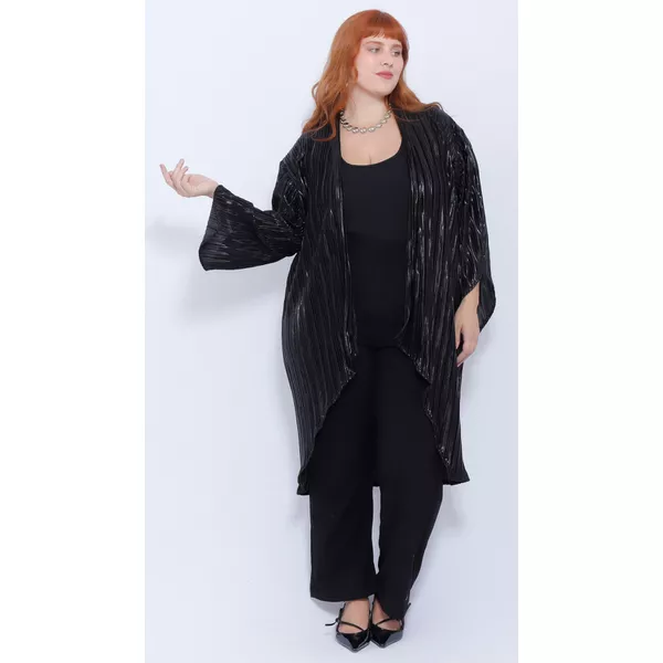 Quimono Plissado Preto Brilho - Plus Size