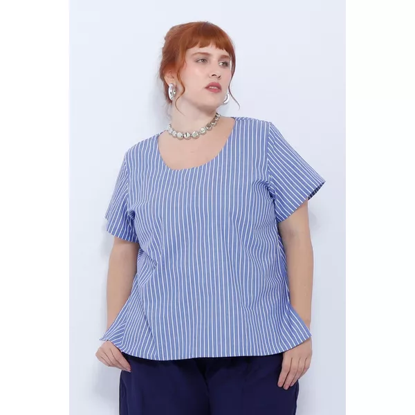 Blusa Social Botão Azul Listrada - Plus Size
