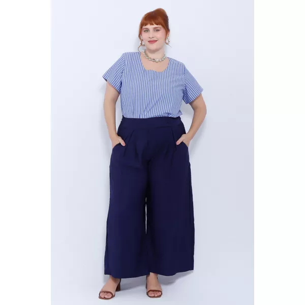 Calça Pantalona Social Viscose Azul Marinho - Plus Size