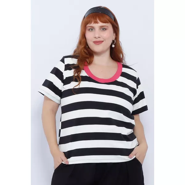 Blusa Premium Listra Preta Gola Rosa Pink - Plus Size