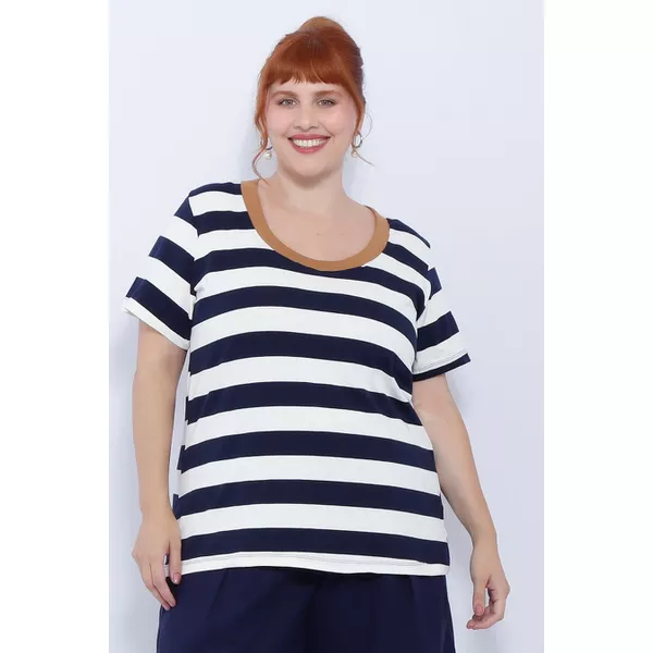 Blusa Premium Listra Azul Gola Caramelo - Plus Size