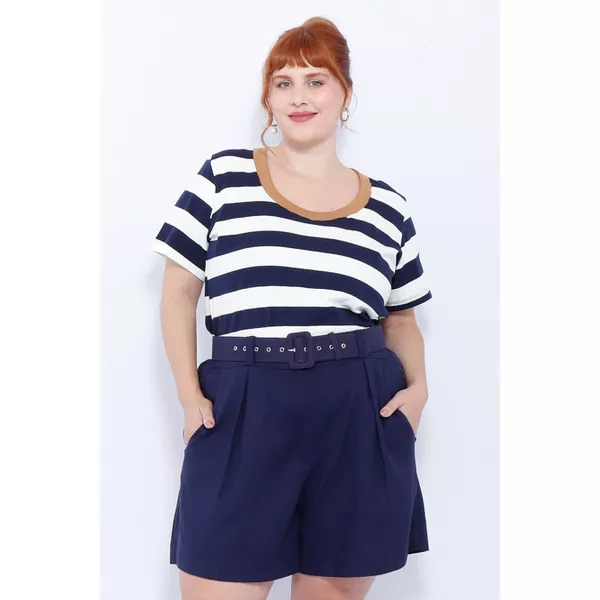Short Botões Linho com Elastano Azul - Plus Size