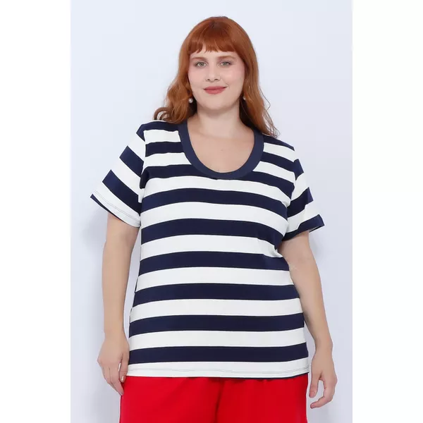 Blusa Premium Listra Azul Gola Azul - Plus Size