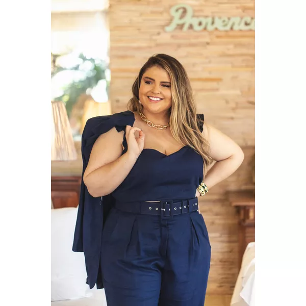 Top Babadinho Linho com Elastano Azul - Plus Size