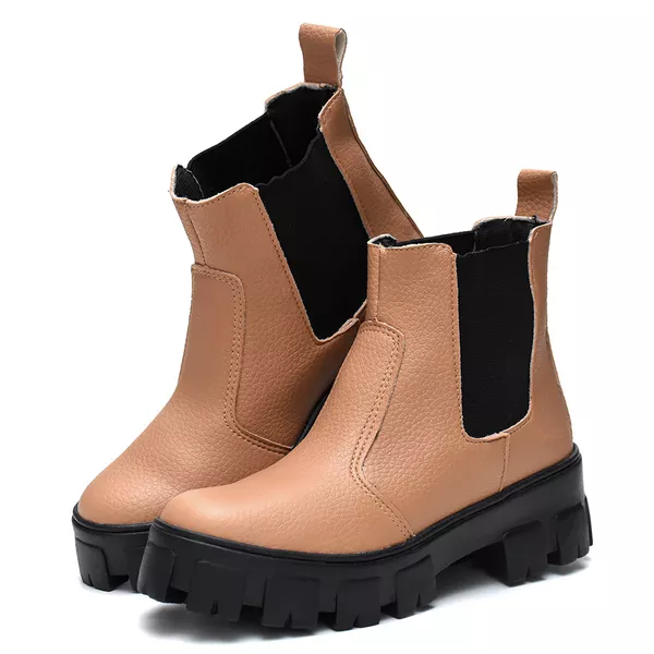 Bota Feminina Coturno Tratorado Chelsea Nude Cano Baixo Dhaffy 