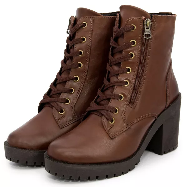 Bota Coturno Salto Bloco Tratorada Couro Cano Baixo 9002 Nutella