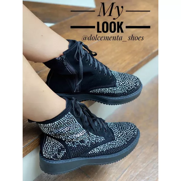 Bota coturno preta nobuck strass - Dolce & Menta