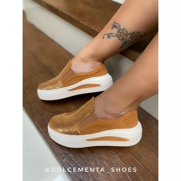 Tênis Flatform Paetê Caramelo Karina - Dolce & Menta