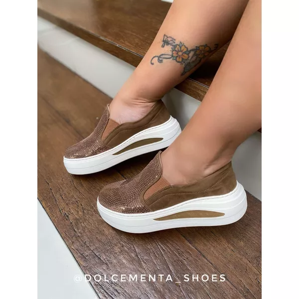 Tênis Flatform Paetê Marrom Karina - Dolce & Menta