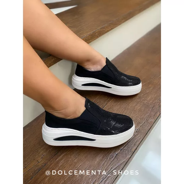 Tênis Flatform Paetê Preto Solado Off White Karina... - Dolce & Menta